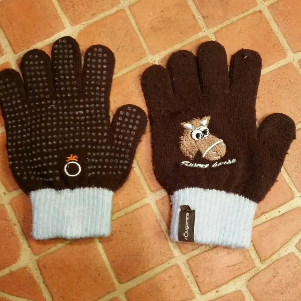 Gants équitation enfant TRICOT marron bleu ciel FOUGANZA 4 - 6 ans